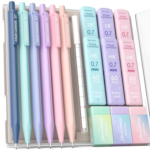 Four Candies 0.7 mm Druckbleistift Set, 6PCS Niedliche Druckbleistifte mit 360PCS Minen, 3PCS Pastell Radiergummis und 9PCS Radiergummi-Minen