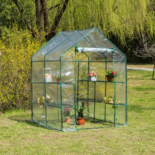 Panana Greenhouse Walk-in 3 Tier 6 Shelves Green House Grow Green House Walk in Plastic Plant with PVC Cloth Cover Zipper Door Indoor and Outdoor (56x56x77inch with White PVC cover)