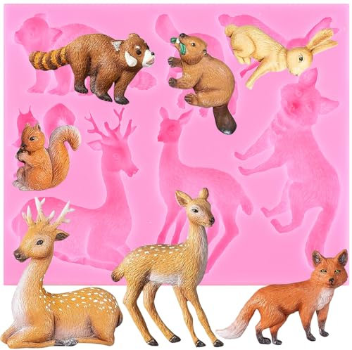 XMOLDNMS Moule en silicone pour fondant en forme d'animal de la forêt, renard, écureuil, raton laveur, castor, élan, sika, cerf pour décoration de gâteaux, chocolat, bonbons, pâte à sucre, argile