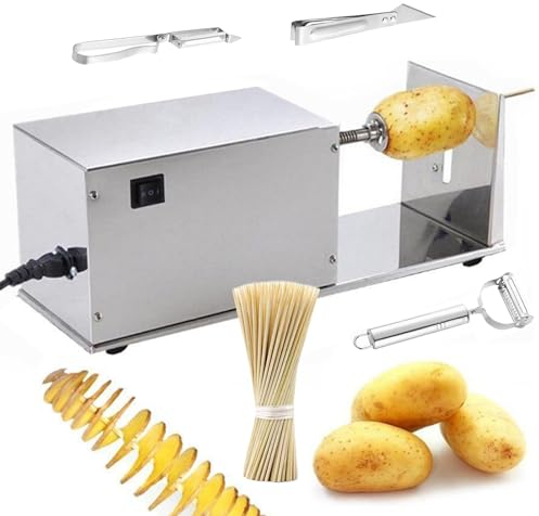 Tornado Tagliapatate A Spirale,Fetta A Spirale Per Patate,Tagliapatate Elettrico In Acciaio Inossidabile -3 Pelapatate+100 Bastoncini Di Bambù-Per La Casa Commerciale,Silver