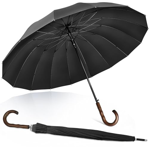 ZOMAKE Umbrella Wooden Handle,Large Umbrella Windproof Strong,Walking Stick Umbrellas Classic for Men Women,16 Ribs (Black-C)