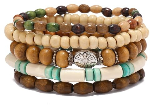 RUICHING Pulseras de cuentas bohemias, pulsera de cuentas de madera, 5 unidades, pulseras blancas multicapa, accesorios hippy, regalos para mujeres y hombres, talla única, Madera, No es una piedra