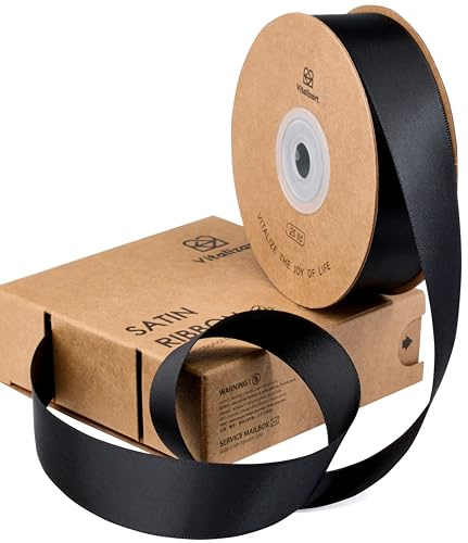 Vitalizart Schwarzes Satinband 2,5 cm x 22,8 m für Geschenkverpackungen | Doppelseitiges Polyester Geschenkband, Dicke Stoffbänder für Bastelarbeiten, Dekorationen, Weihnachtskränze & Haarschleifen