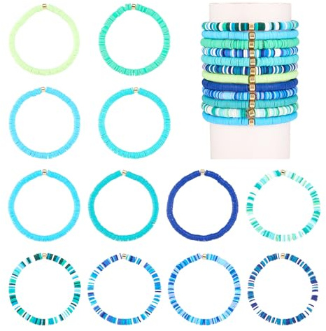 Bestewelry 12Pcs Colorful Heishi Clay Bead Bracelet Friendship Beaded Bracelets Polymer Clay Heishi Surfer Stretch Bracelets Set for Women Man Birthday Party Favor - Blue