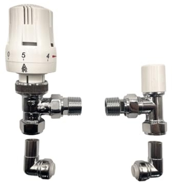 Greened House 1/2/15mm to 10mm Angled White Thermostatic Radiator Valve/Towel Rail Valve 1/2 / With 90 Degree 10mm Push Fit Connector Reducer
