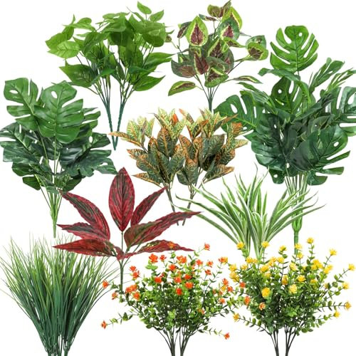 BlueCloudy Set de 18 Plantas Artificiales Exteriores UV Resistentes - Tallos y Arbustos Falsos para Colgar en Porche Patio Jardín y Decoración del Hogar