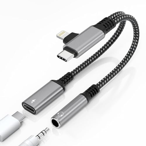 Kopfhörer Adapter für iPhone 16 unterstützt 60 W PD-Schnellladen und Musikanrufe Gleichzeitig, Lightning und USB C auf 3,5-mm-Kopfhörerbuchse und Schnellladeadapter für iPhone 16/15/14, iPad, MacBook