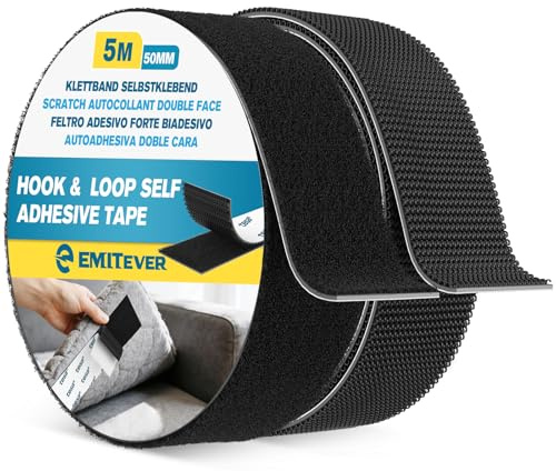 EMITEVER Scratch Autocollant Double Face Extra Fort, 5m x 50mm Noir | Adhésif à Base épaissie de 1,1 mm, Imperméable et Résistant à la Chaleur, Ne Laisse Pas de Traces, Pose Sans Clous,Rouleau