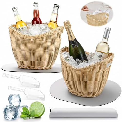 LemonRoad 2 Pcs Ice Bucket Woven Design with Scoops Diatomaceous Earth Pad 4l Champagne Wine Bucket Drink Bins for Parties Beverage Tubs for Cocktail Bar