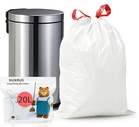 XUXRUS Bolsas de basura con cordón de 20 l para cubos de basura de 15 a 20 litros, color blanco, resistentes a desgarros, 60 unidades