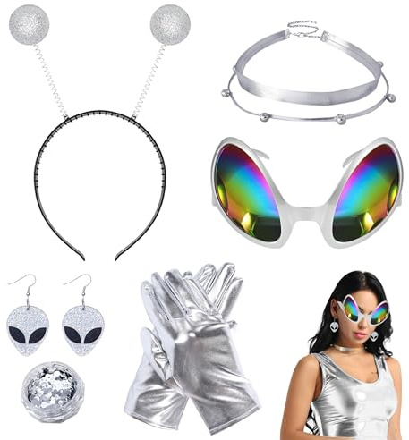PYSEOSISE Alien Kostüm Damen, 6 Stück Aliens Accessoires, Alien Haarreif mit Brille Halskette Ohrringe Silbernes Handschuhe und Glitter für Karneval Halloween Maskerade Party