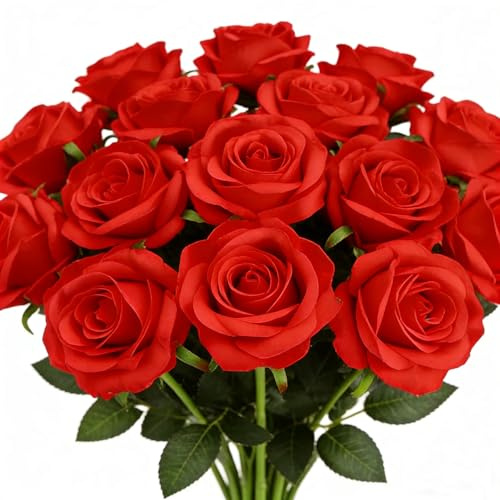 Red Fake Roses Artificial Flowers - 12 Pcs Fake Artificial Roses Silk Flowers with Stems for Home Wedding Hotel Office Centerpiece Decor