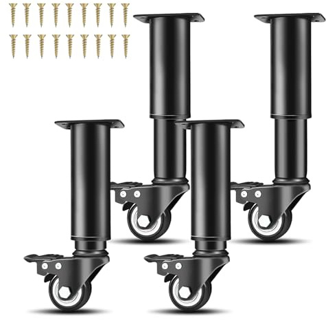PinDaito 4 Stück Höhenverstellbare Möbelfüße mit 360° Drehbaren Lenkrollen, Beweglich Tischbeine Metall für Sofa, Bett, Schrank, Tisch, Nachttisch - Verstellbare Höhe 18-24 cm (Schwarz)
