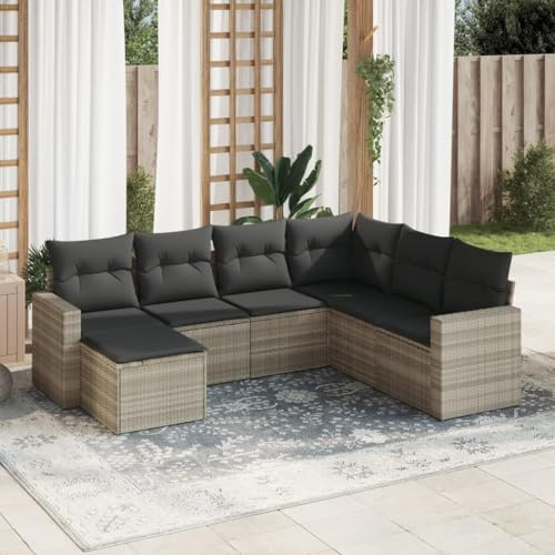 Bucmath 7-TLG. Garten-Sofagarnitur, Hellgrau Poly Rattan Loungeset, Modulares Outdoor Möbelset mit Stauraum, UV-beständig, wetterfest für Terrasse, Balkon