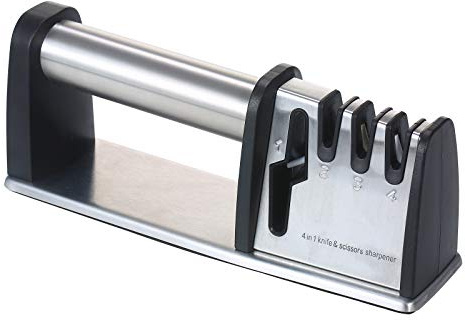 Affilatore di coltelli e forbici 4 in 1 Strumento affilatura a stadi grasso medio fine Acciaio tungsteno smeriglio ceramica Professionale multifunzionale per casa campeggio viaggio cucina