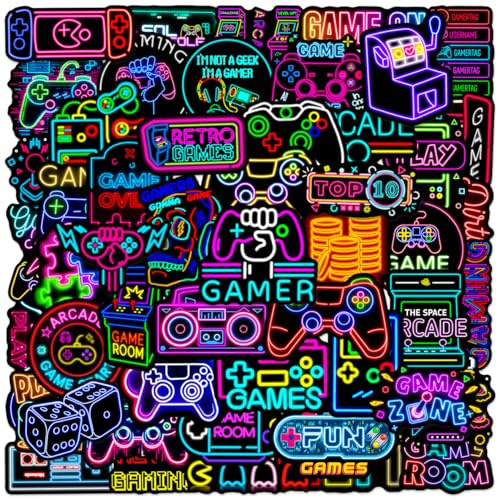 50 Pcs Neon Light Game Stickers Laptop Car Scrapbook Phone Skateboard Suitcase Luggage Bike Neon Vinyl Waterproof Aesthetic Personalised Stickers for Adults