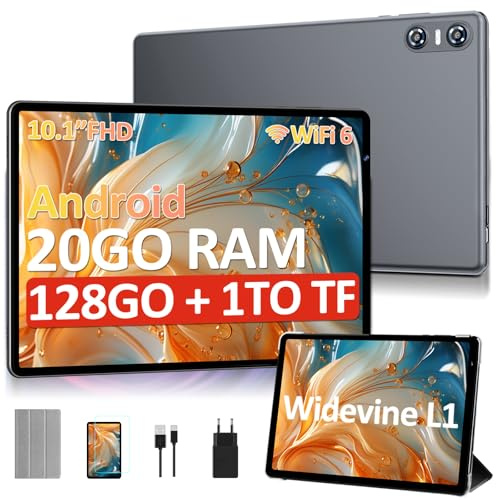 SKYEGG Tablette 10 Pouces Android avec 20 Go RAM+128 Go ROM (Extensible Jusqu'à 1 to), Octa-Core, Widevine L1, Wi-FI 6, BT 5.0, 6000 mAh, 5MP+8MP, Tablette Tactile avec étui de Protection, Gris