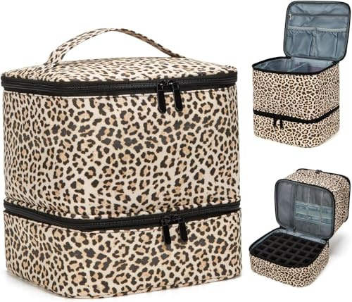 RuiDay Rangement Vernis a Ongle, Malette Onglerie en Cuir PU pour 30 Bouteille (15ml) et Lampe UV Ongles, Double Couche, Imprimé Léopard, Portable Organisateur de Vernis à Ongles