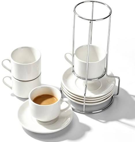 Set med 4 cappuccino-muggar i set, 100 ml med fat och hållare, stapelbara porslinskoppar, keramikmuggar för espresso, cappuccino, latte (vit)