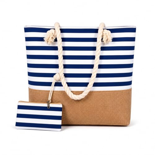 AlfaHome - Bolso playa mujer grande con cremallera – Bolsa playa impermeable con neceser adicional, bolso verano mujer resistente y elegante para playa, piscina o uso diario (50x35x15 cm, 22L)