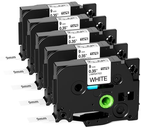 TZe-221 Tape Cassette Kompatibel mit Brother P-Touch Bänder 9mm 0.38 | Schwarz auf Weiß TZe221 TZ-221 Schriftband Laminiert Beschriftungsband für PT-H105 H100 H100R H100LB H107B 100LB, 5er-Pack