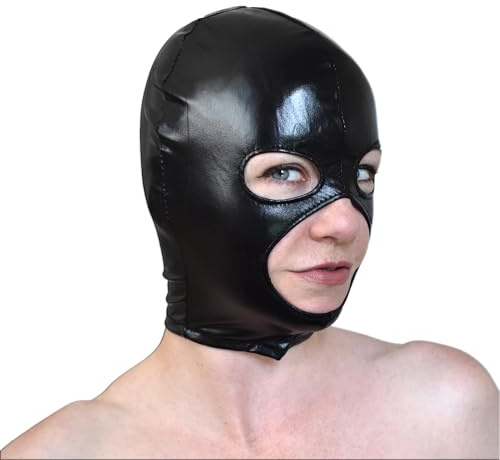 Bondage Maske mit Öffnungen – glänzende Stretch Wetlook Haube BDSM Fetisch | Sklavenhaube mit Reißverschluss – BDSM Fetisch Maske für Dom Sub Paare, Domina-Spiele, Gay Bondage, Fetisch & SM Rollenspiel