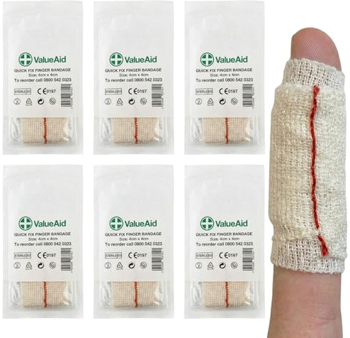 Value Aid 6 x Quick Fix Finger Bandage 4cm x 4cm Sterile Finger Dressing - Latex Free Stretch Gauze Finger Bandages with Pad - First Aid Supplies