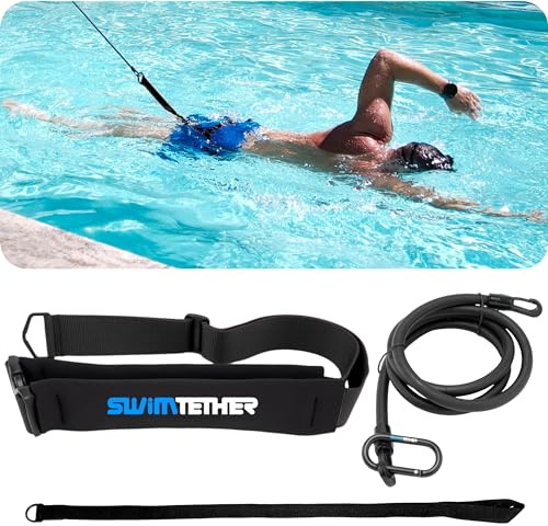 Swim Tether Stationary Swimming Belt Travel Pack – Universal Fit (One Size) for Pools & Swim Spas | Adjustable Comfort Belt, 8-ft Stretch Cord, Non-Slip Anchor Strap, Portable Resistance Training Kit