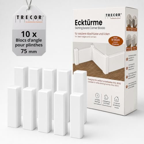 Barres d'angle, tours d'angle, angles intérieurs et angles extérieurs en bois (vernis) pour plinthes blanches, contenu : 10 pièces (75 x 21 x 21 mm (E4), blanc)