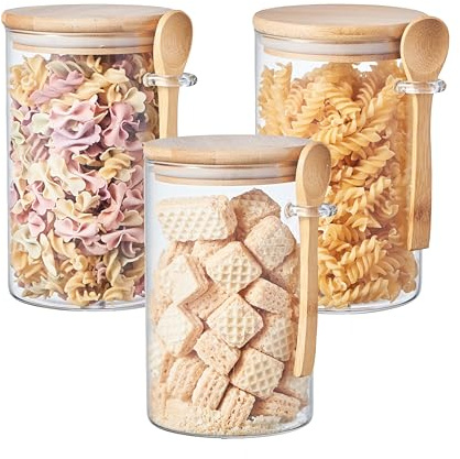 ORNAMI Airtight Glass Pantry Storage Canister Jar with Bamboo Lid & Spoon | BPA-Free, Clear Kitchen Organisation Jar - Set of 3 (1L, Round)