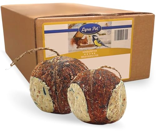 Lyra Pet® | 2 x 4 Ganze Kokosnüsse mit 3 Löchern Gefüllt | Fettreiches Wildvogelfutter | Kokosnuss mit Nährstoffreicher Füllung | Fettfutter für das Ganze Jahr | Kraftspendend wie Meisenknödel