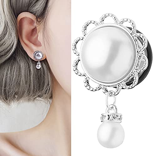 XINHE 2 Stücke Flesh Tunnel Ohr Piercing Plug Ohrpiercing Single Flared Ear Edelstahl Blume mit Perle Strass Kristall Anhänger Silber Weiß
