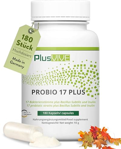 PlusVive Probio 17 Plus Kapseln hochdosiert I 1x 180 Kapseln mit Inulin & Bacillus subtilis I 20 Mrd. KBE pro Tagesdosis I Kulturen Komplex 18 Bakterienstämme I magensaftresistent & vegan