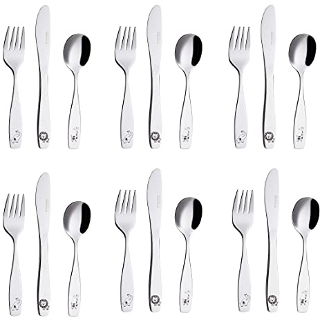 EXZACT Set di posate per bambini, 18 pezzi, in acciaio inox 18/10, a partire dai 2 anni, lavabili in lavastoviglie, 6 forchette, 6 coltelli di sicurezza, 6 cucchiai (Safari x 18)