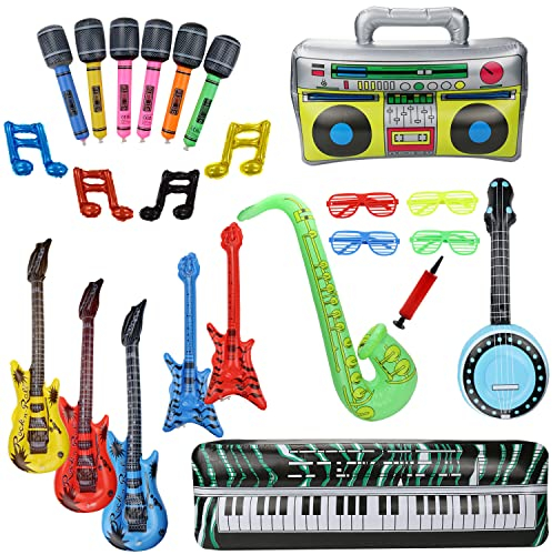 Lilwemen 24 Pcs Gonflable Rock Star Jouet Ensemble Guitare Gonflable Saxophone Microphone Piano Radio Boombox Ballons Instruments de Musique Amusants Accessoires pour Enfants Décoration