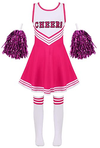 Alvivi Cheer Leaderin Kostüm Kinder Mädchen Cheerleading Schulmädchen Uniform Kleid mit Pompoms Socken Halloween Fasching Partykleid Dunkel Rosa 146-152