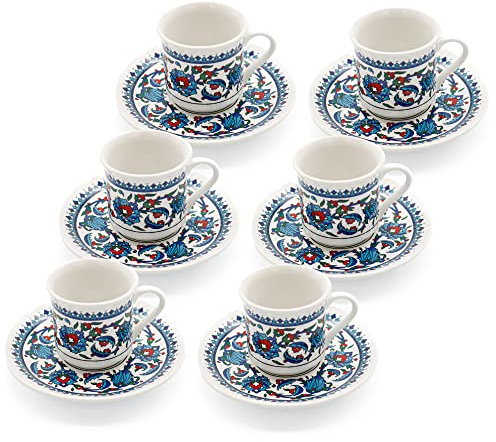 SANTA MARLA Lot de 6 tasses à café turc avec soucoupes et support - En céramique, passe au lave-vaisselle, garde au chaud - Lot de 6 tasses à expresso turques à motifs pour la maison et le bureau