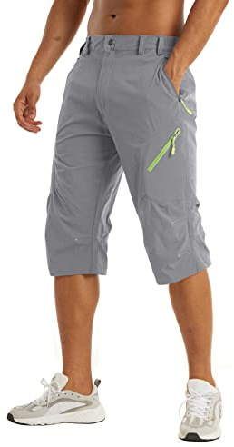 KEFITEVD Herrshorts, under knät, snabbtorkande, 3/4, vandring, långa promenadshorts, sommar, tunna capribyxor med 4 fickor med dragkedja, Ljusgrå, 48 SE