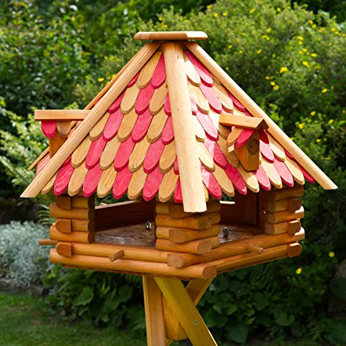 Deko-Shop-Hannusch XXL Luxus Vogelhaus mit Solarbeleuchtung - Vogelfutterhaus aus Holz mit Ständer, Futtersilo, Silo (rot/braun Holzschindeln)