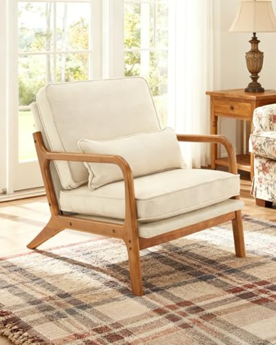 Karl home Accent Chair Mid-Century Modern Chair with Pillow Linen Fabric Upholstered Lounge Arm Chair with Solid Wood Frame & Soft Cushion for Living Room, Bedroom, Balcony, Beige