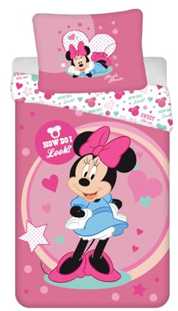 Disney Kinder Wendebettwäsche Minnie Maus mit Blauen Kleid und Pinker Schleife, Herzen, Bettdecke 140 x 200 cm und Kopfkissen 70 x 90 cm mit Reißverschluss