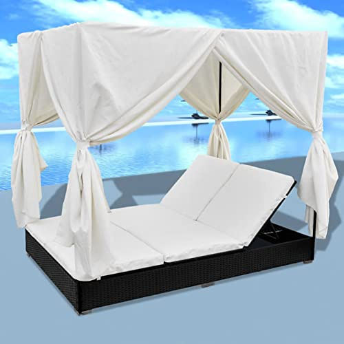 Homgoday Doppel-Sonnenliege für 2 Personen mit Kissen und Vorhängen | Rattan-Schwarz | Cremeweiß | 197x140x180 cm | Außenbereich Model42948