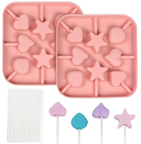 BFJ Silicone Chocolate Lolly Mould 2 pcs Resuable Lollipop Molds 8 Cavity Heart Star Shapes Lollipop Candy Moulds with 25 Sticks for Valentine's Day DIY Chocolate,Candy