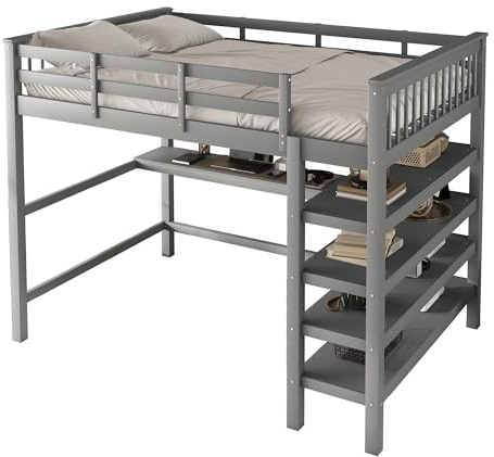 Azkoeesy Kiefernholz Hochbett mit Schreibtisch, 140x200 cm, Doppelbett, Jugendbett, Etagenbett, mit Fallschutz und 4 Regalen, mit Lattenrost, für Erwachsene, grau