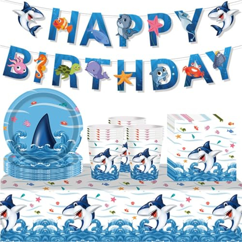 54Pcs Ocean Party Tableware - Boys Birthday Decorations, Table Cloth, Plates, Banner, Napkins for Beach Ocean Theme