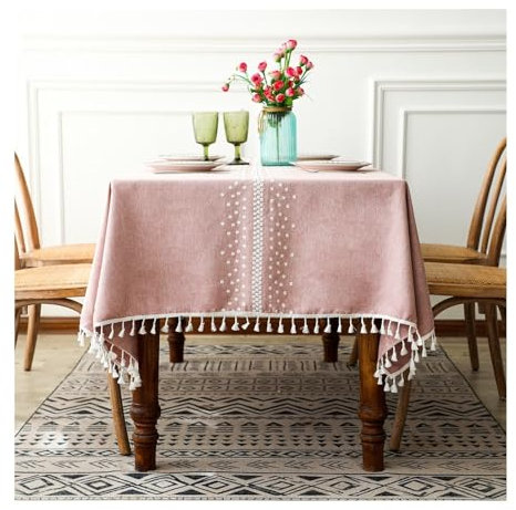Epinki Tischdecken, Rose Weiß Tischtuch Punkt mit Quaste Polyester, Tischtücher Biertisch Pflegeleicht für Wohnzimmer, Esszimmer, Balkon, Garten, 140x200CM