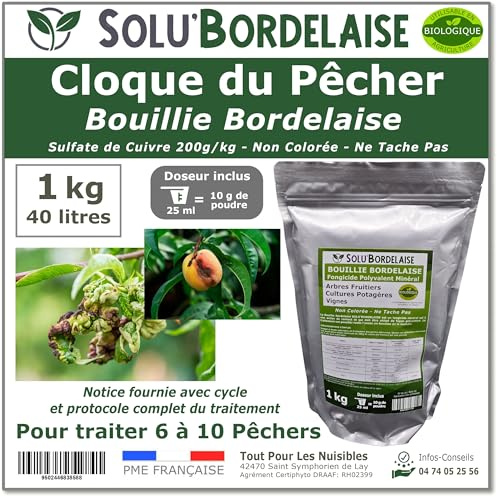 Solu'Bordelaise - Cloque du Pêcher - 1 kg de Bouillie Bordelaise Non Colorée - Fongicide Polyvalent à base de Sulfate de Cuivre 200 g/kg - Doseur Inclus - Utilisable en Agriculture Biologique