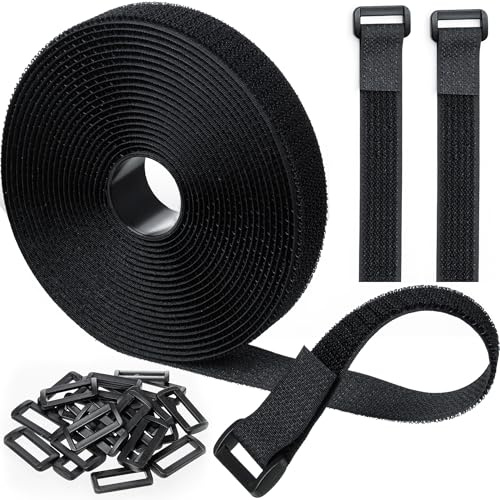 Vatiyszk 5m Adjustable Cable Straps with 25 Buckles, Reusable Fastening Cable Ties, Free Cut Length, Black Hook and Loop Cinch Straps for Cable Tidy, Wire Management, Cord Organiser, 2cm Wide