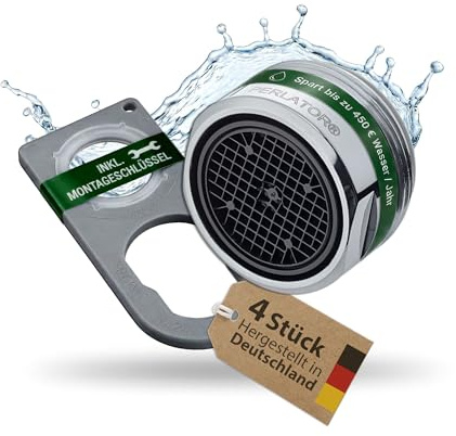 4 x M24 PERLATOR® Wassersparender Strahlregler inkl. Flachschlüssel ~ 5.7 l/min Original Perlator Wasserhahn Aufsatz für Armaturen mit Innengewinde