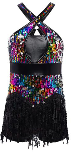 TiaoBug Mädchen Latein Kleider Metallic Pailletten Tanzkleider mit Fransen Trikot Leotard mit Flapper Rock Cha Cha Samba Salsa Outfits Tanzkostüm Bunt 122-128
